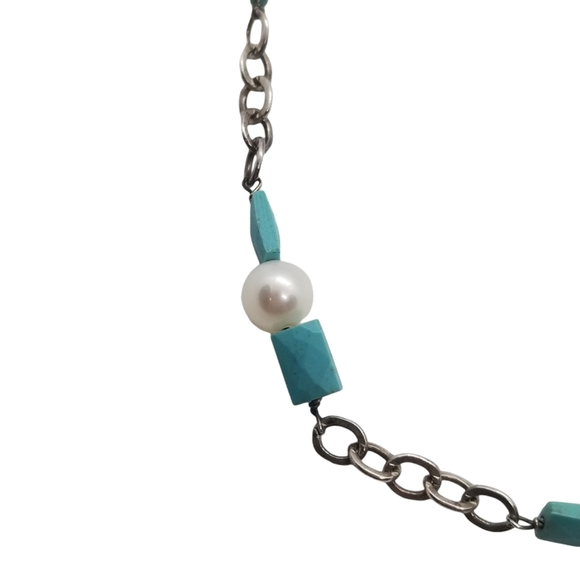 VINTAGE STERLING SILVER CHAIN WITH GENUINE PEARLS & TURQUOISE NECKLACE - Picture 4 of 6